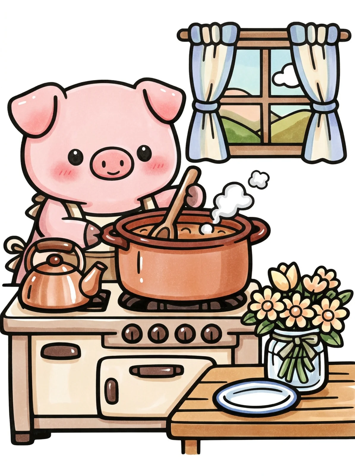 Pig Cooking in a Cottage Kitchen coloring page, colored in