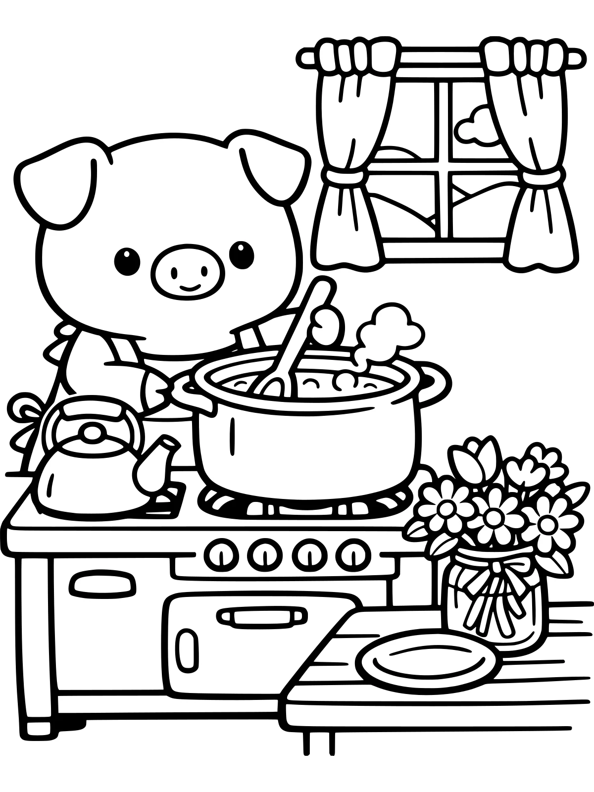Pig Cooking in a Cottage Kitchen coloring page: a cute pig in an apron stirs a big pot of soup on an old stove in a cottage kitchen with a kettle and flowers, bold and easy line art