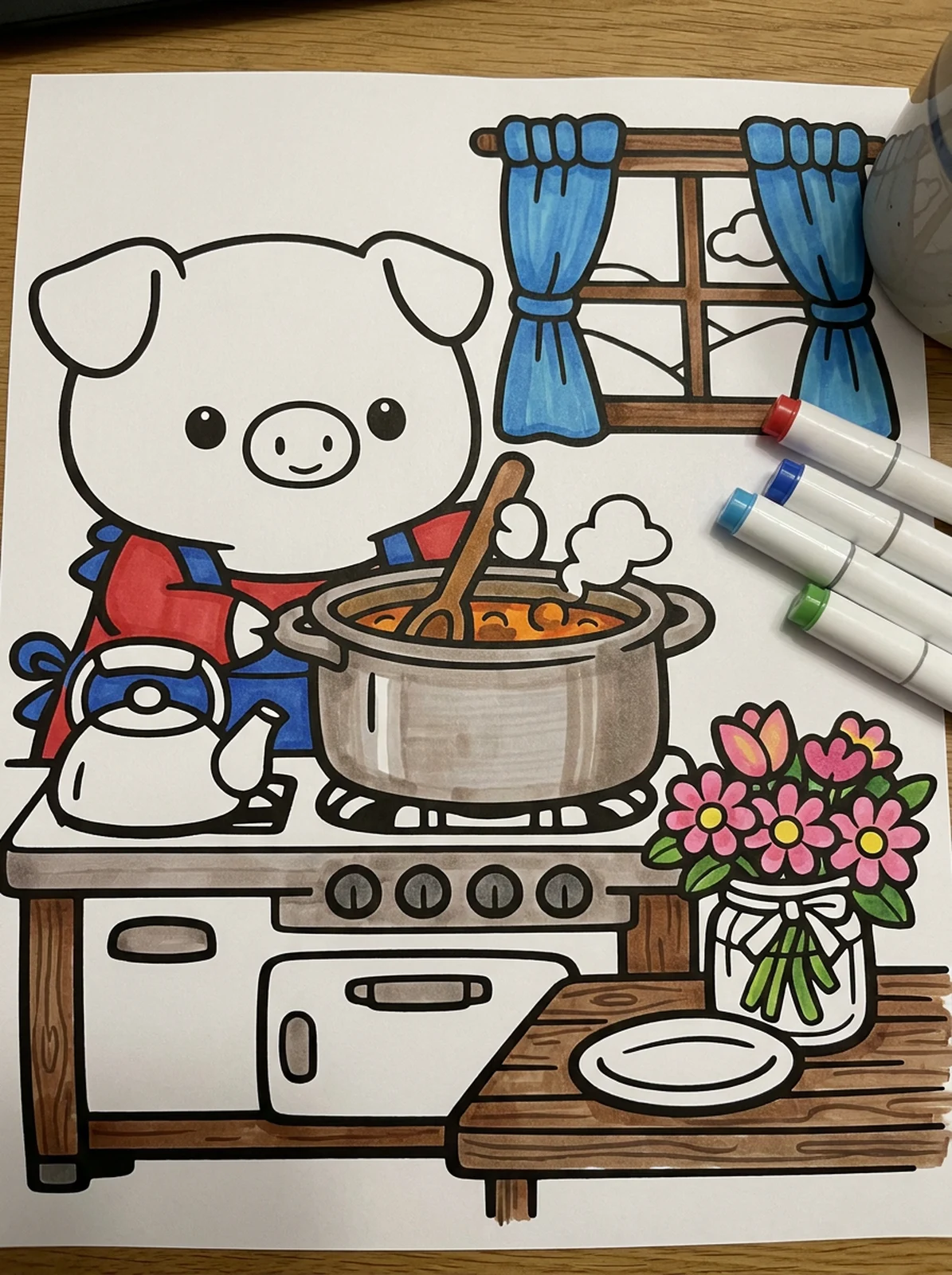 Pig Cooking in a Cottage Kitchen coloring page printed and half colored with markers
