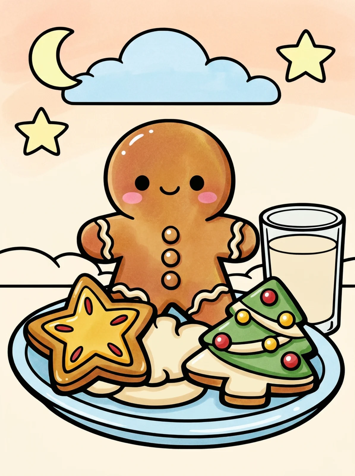 Plate of Christmas Cookies and Milk coloring page, colored in