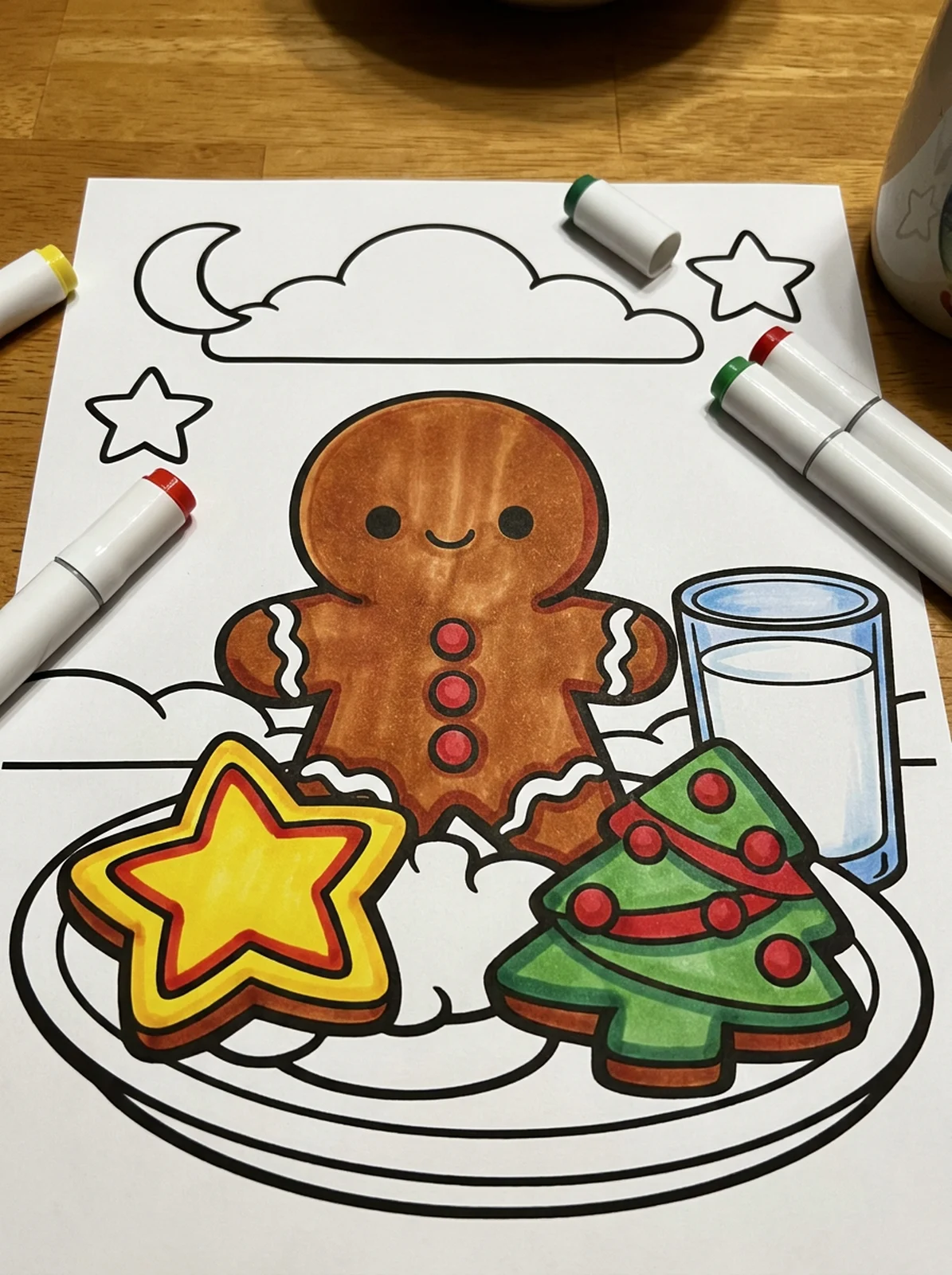 Plate of Christmas Cookies and Milk coloring page printed and half colored with markers