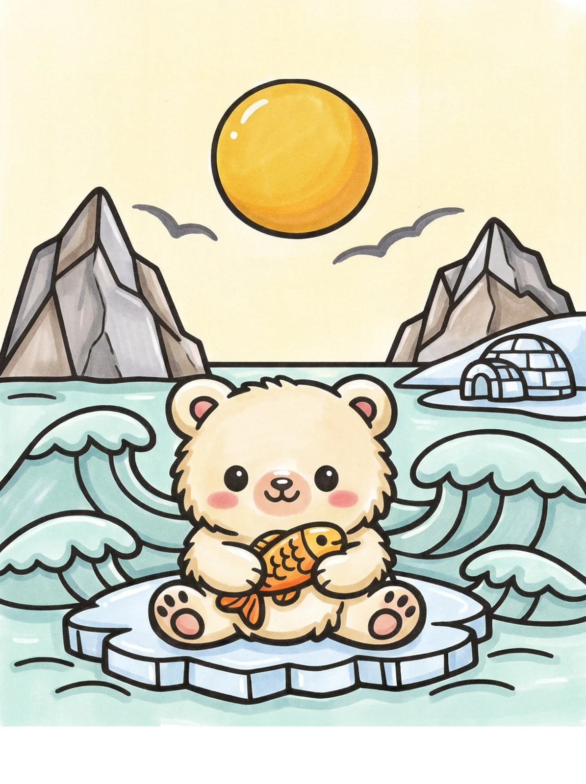 Polar Bear Cub on an Ice Floe coloring page, colored in