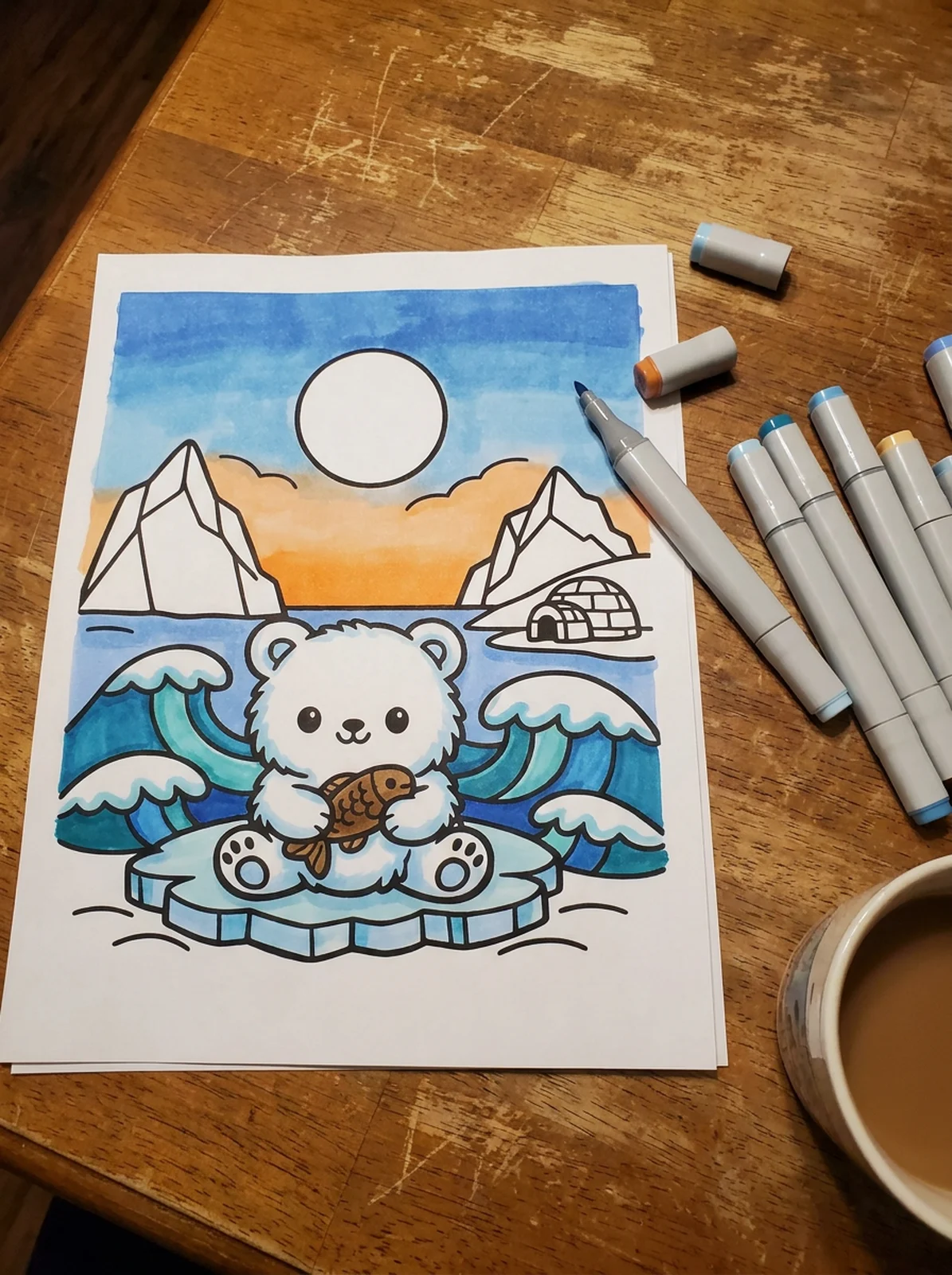 Polar Bear Cub on an Ice Floe coloring page printed and half colored with markers