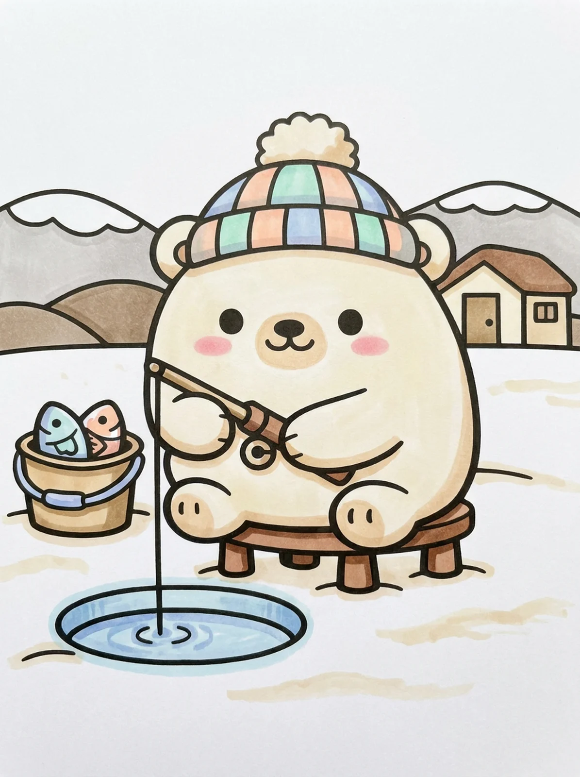 Polar Bear Fishing Through the Ice coloring page, colored in