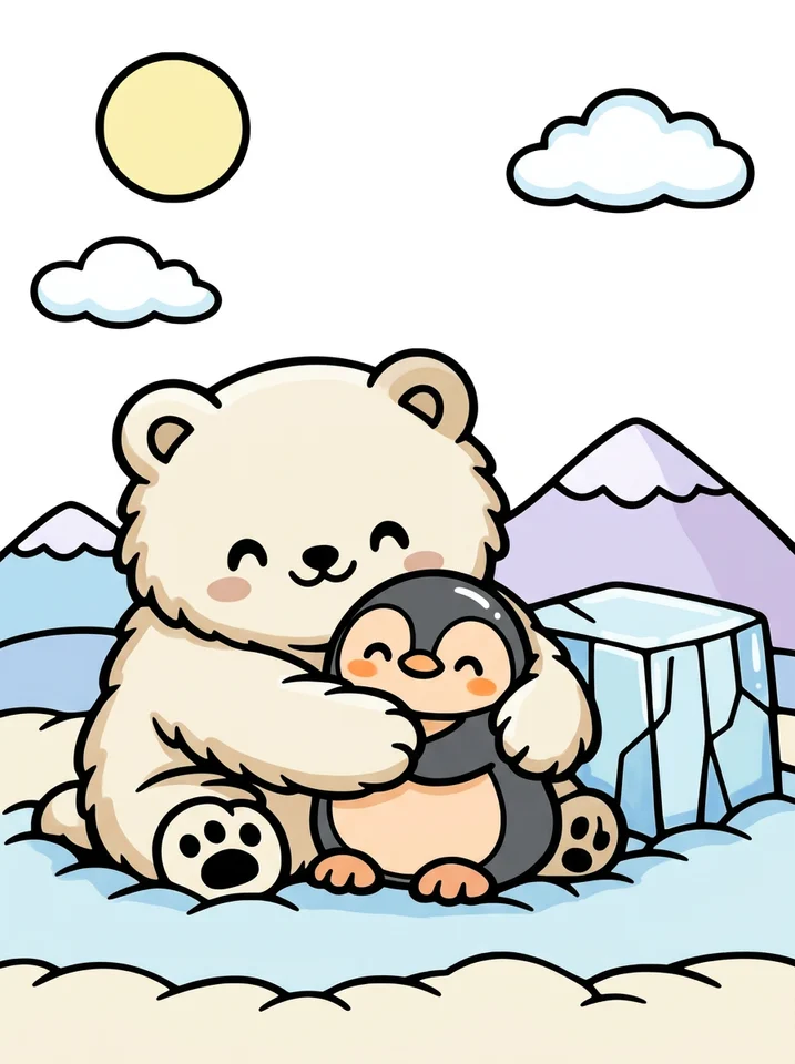 Polar Bear Hugging a Penguin coloring page, colored in