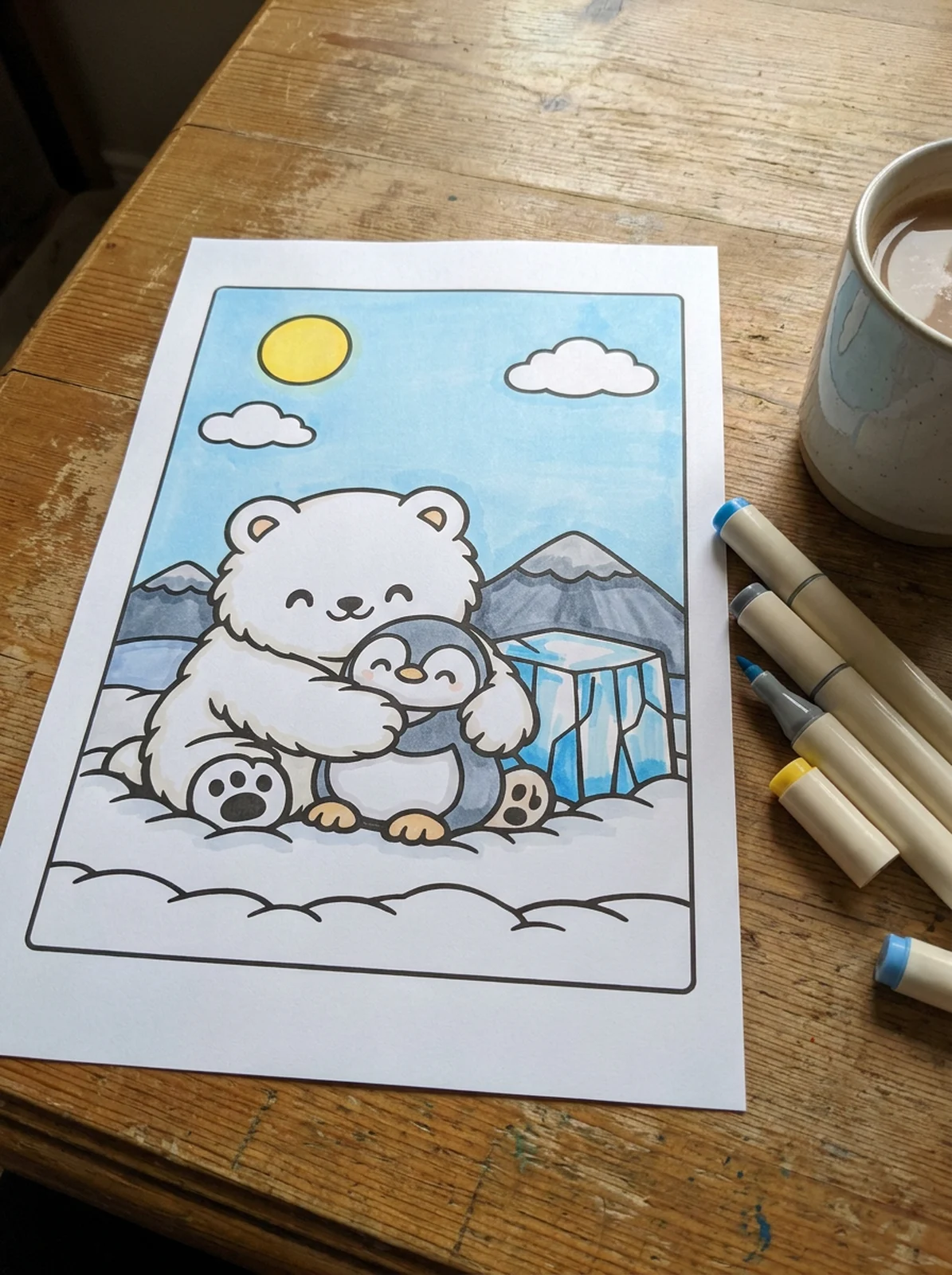 Polar Bear Hugging a Penguin coloring page printed and half colored with markers