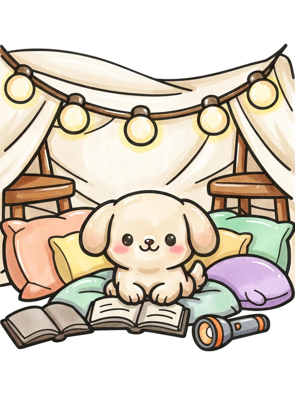 Puppy in a Blanket Fort coloring page, colored in
