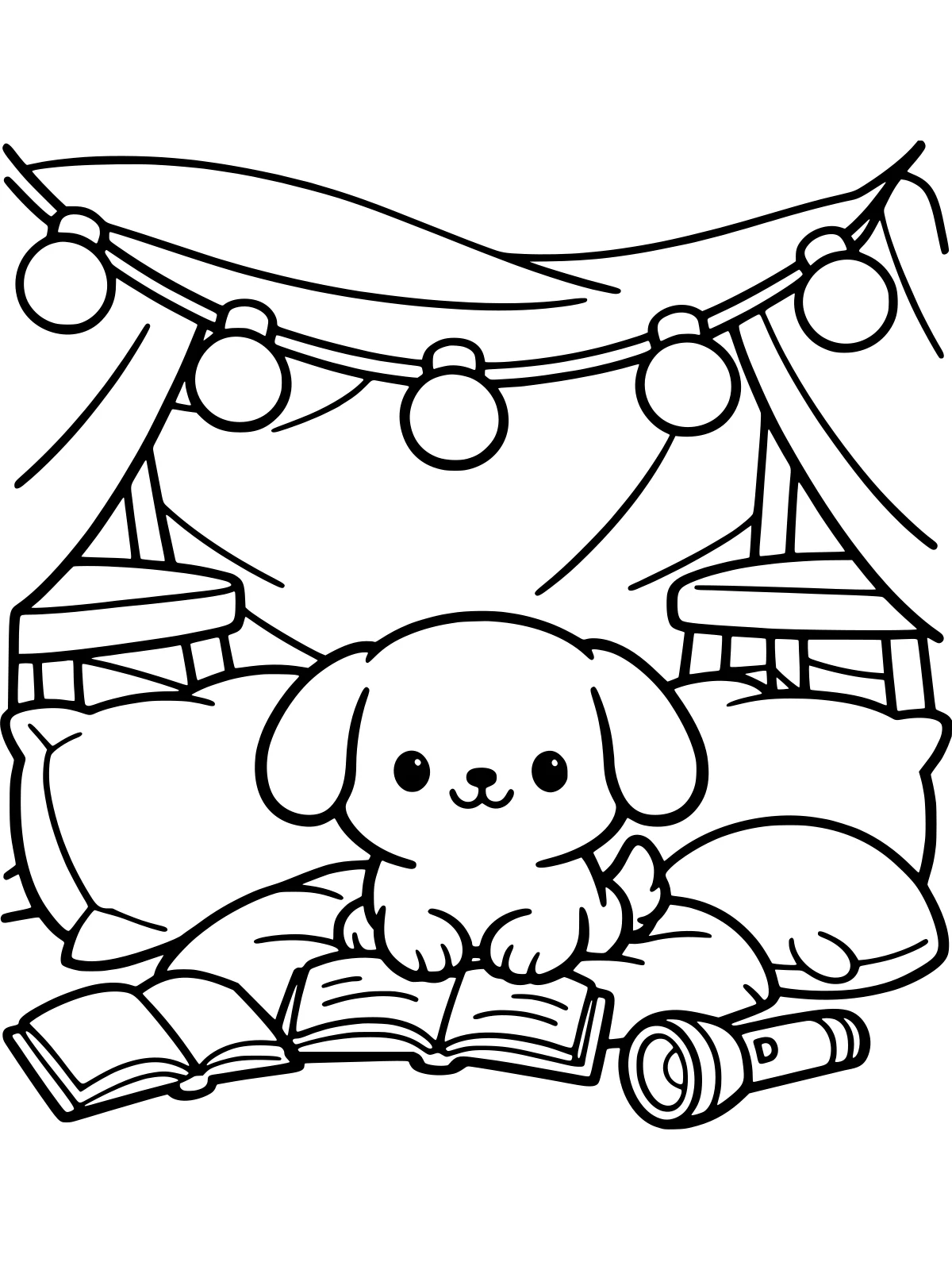 Puppy in a Blanket Fort coloring page: a happy puppy hides in a blanket fort made of two chairs and a sheet, with big pillows, a flashlight and a string of lights, bold and easy line art