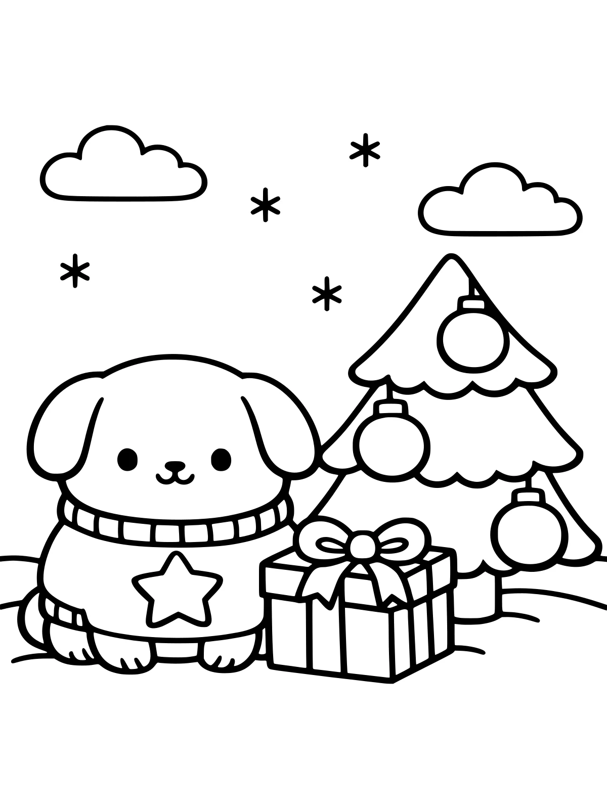 Puppy in a Christmas Sweater coloring page: a round puppy in a christmas sweater with a big star sits beside a wrapped gift and a little tree with big ornaments, bold and easy line art