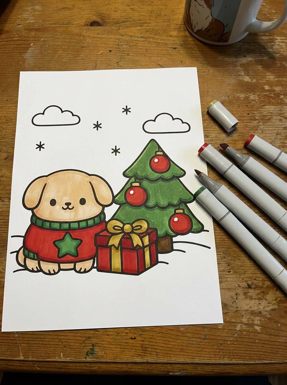 Puppy in a Christmas Sweater coloring page printed and half colored with markers