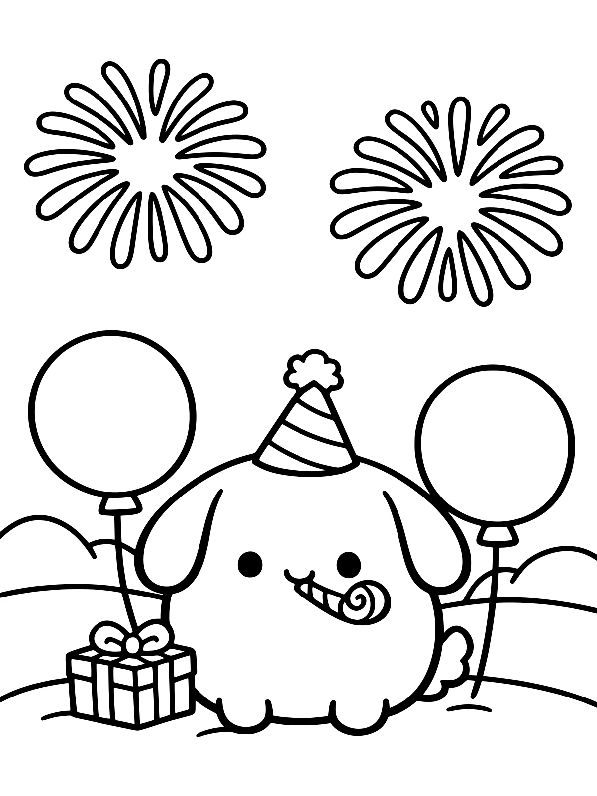 Puppy in a New Year Party Hat coloring page: a round puppy in a party hat blows a party horn next to two balloons and a gift box, with two big fireworks overhead, bold and easy line art