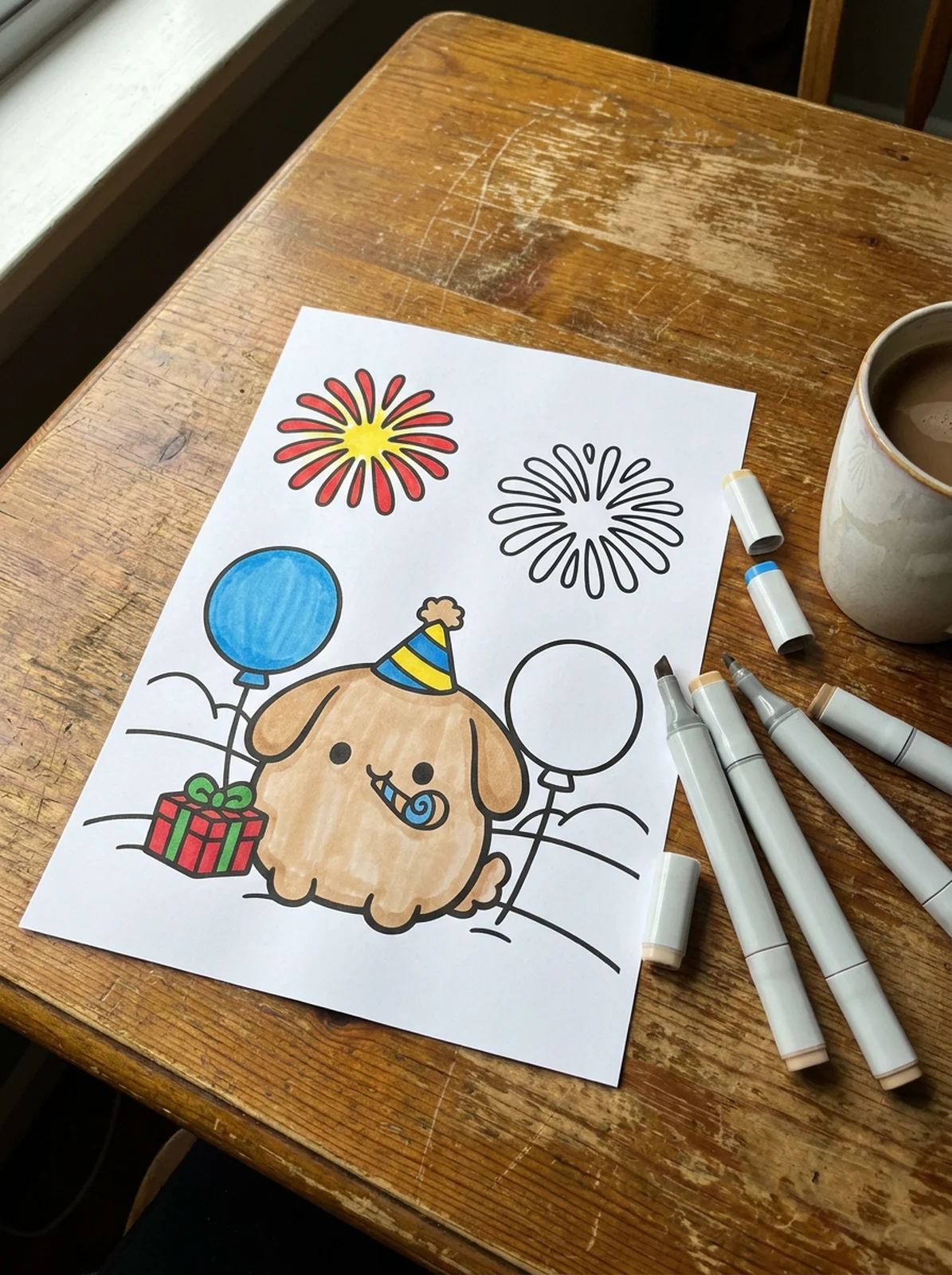 Puppy in a New Year Party Hat coloring page printed and half colored with markers