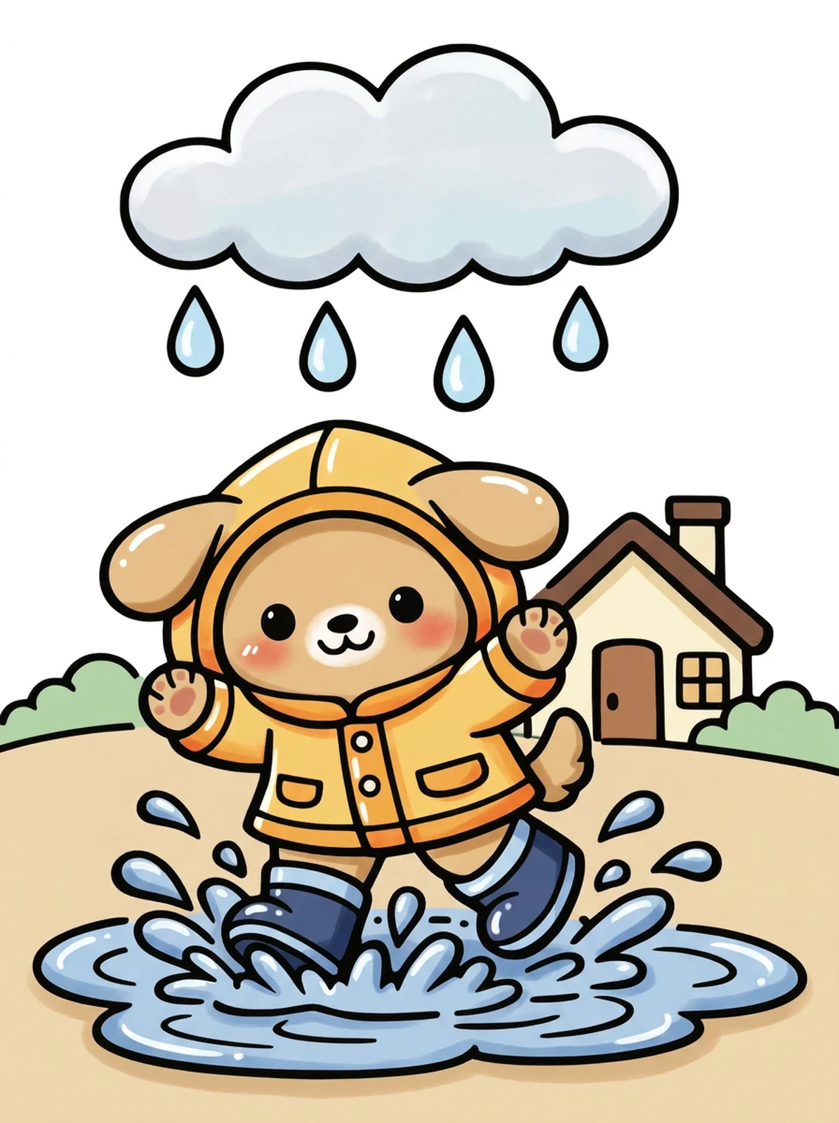 Puppy in a Raincoat Jumping in Puddles coloring page, colored in