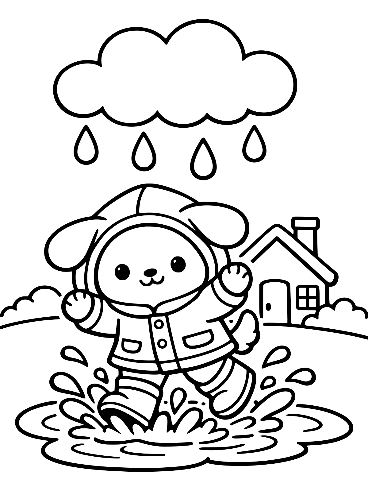 Puppy in a Raincoat Jumping in Puddles coloring page: a happy puppy in a raincoat and rain boots jumps into a big puddle with a splash, under a rain cloud, bold and easy line art