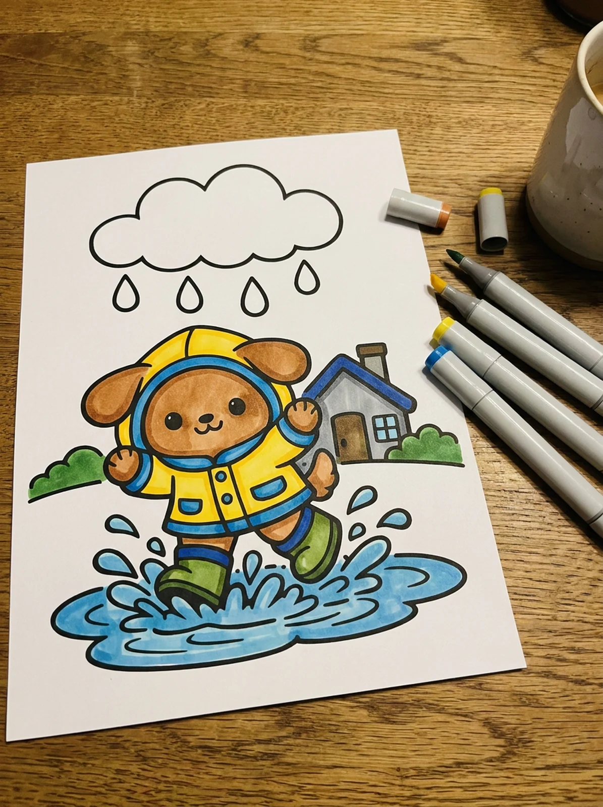 Puppy in a Raincoat Jumping in Puddles coloring page printed and half colored with markers