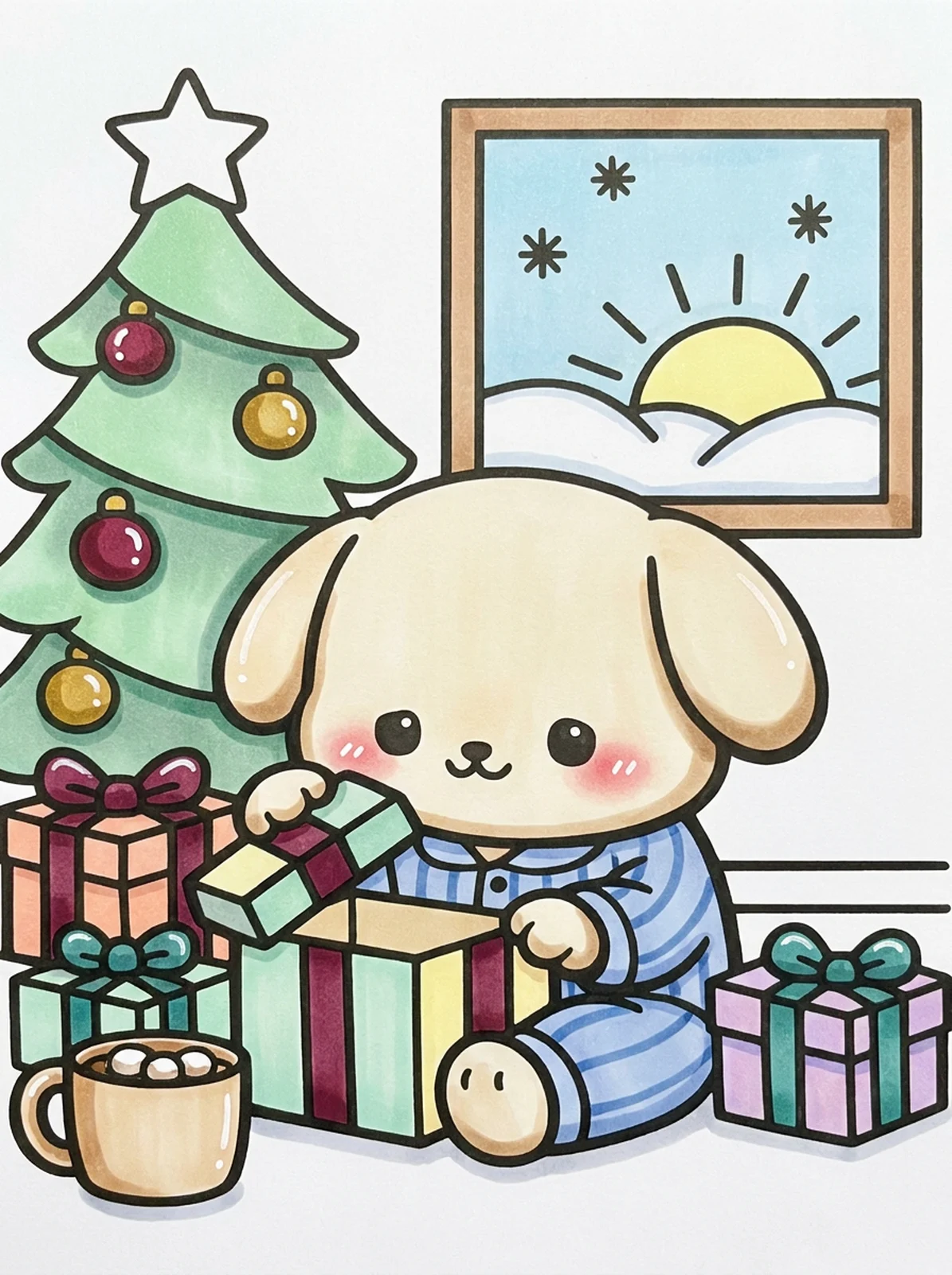 Puppy on Christmas Morning coloring page, colored in