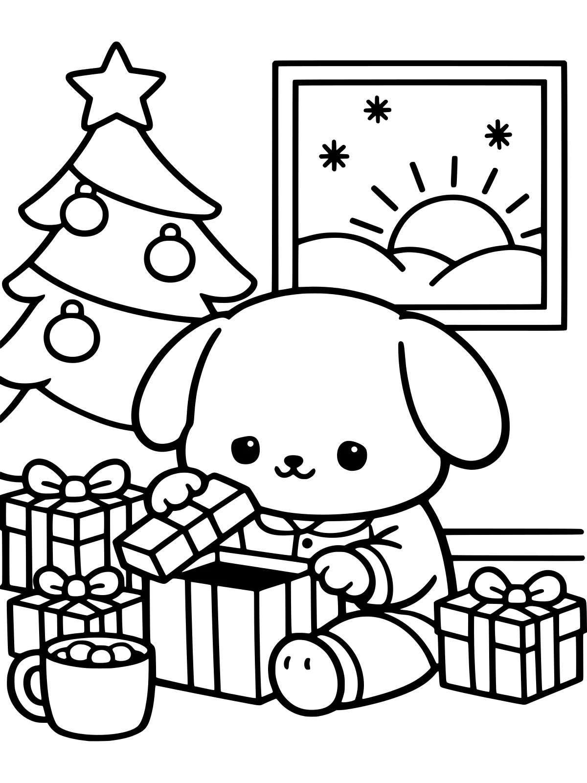 Puppy on Christmas Morning coloring page: a puppy in striped pajamas opens a gift by the christmas tree on christmas morning, with more presents, cocoa and a sunny window, bold and easy line art