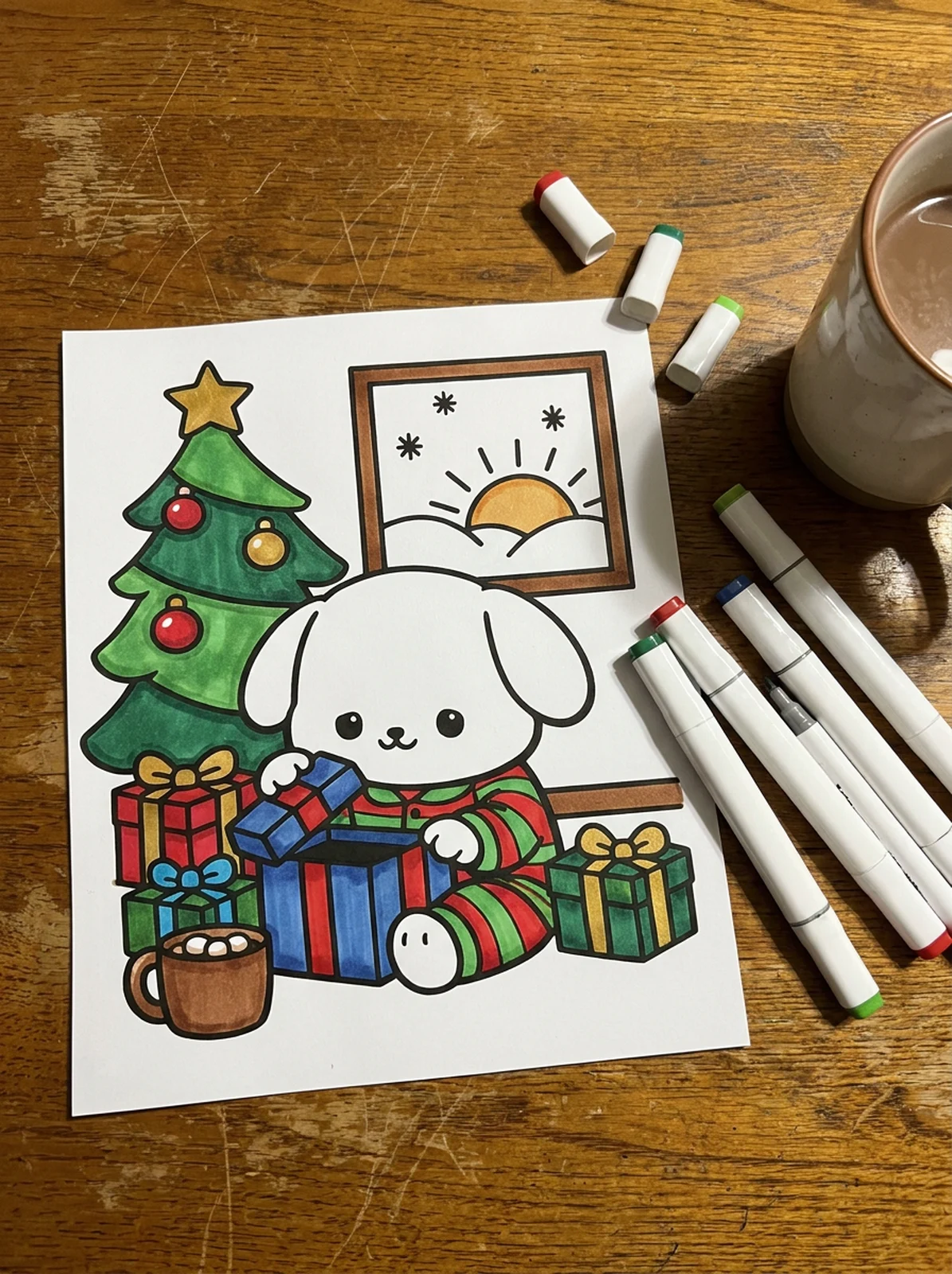 Puppy on Christmas Morning coloring page printed and half colored with markers