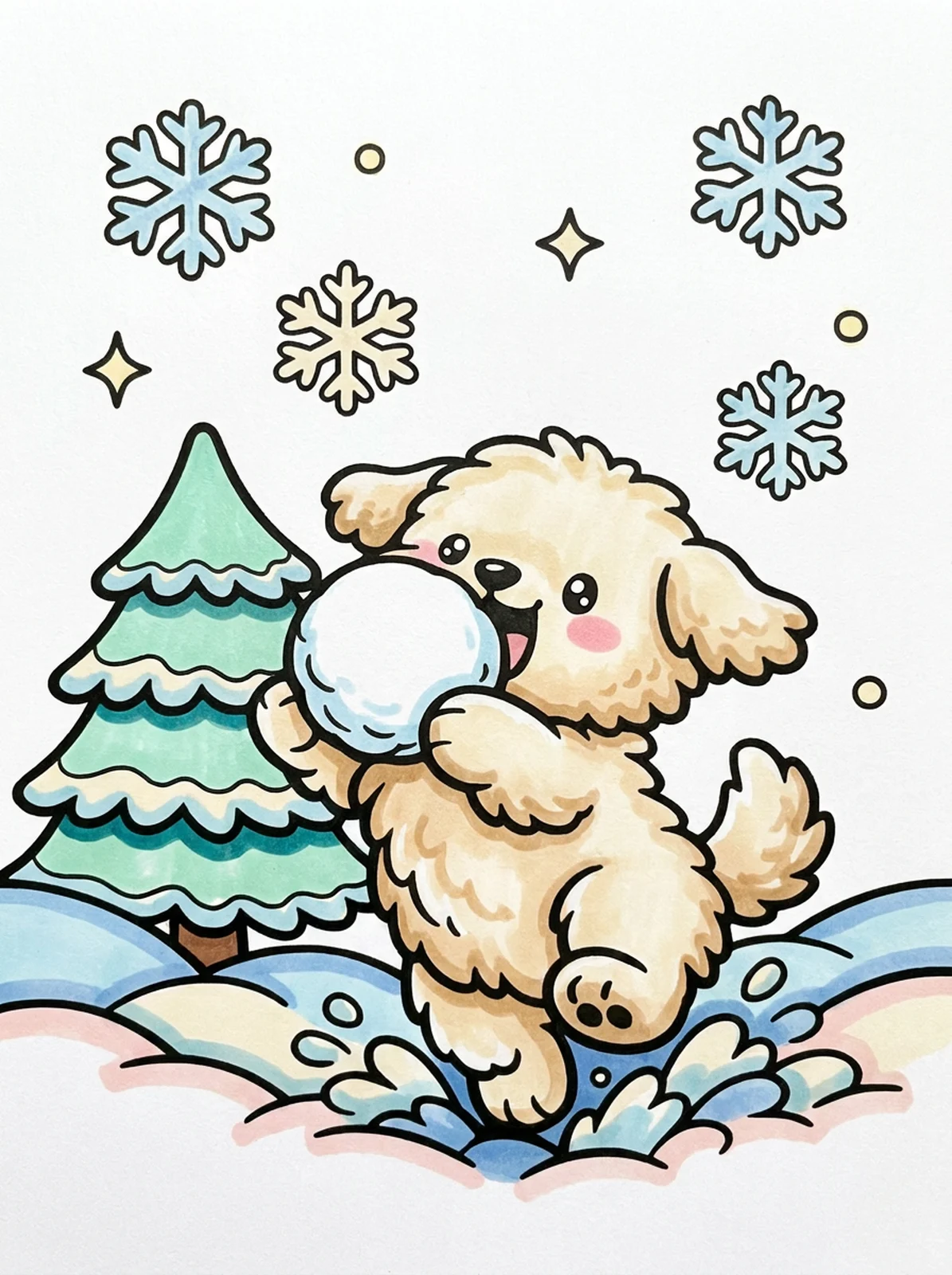 Puppy Playing in the Snow coloring page, colored in