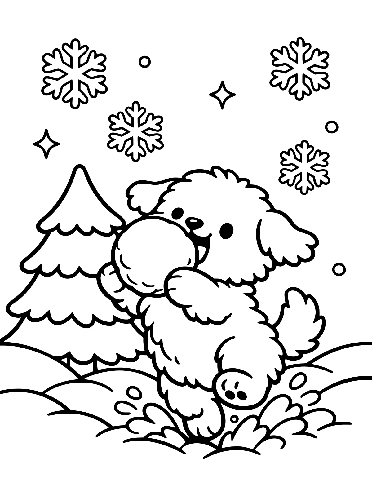 Puppy Playing in the Snow coloring page: a happy fluffy puppy leaps through deep snow to catch a big snowball, with one pine tree and a few snowflakes, bold and easy line art