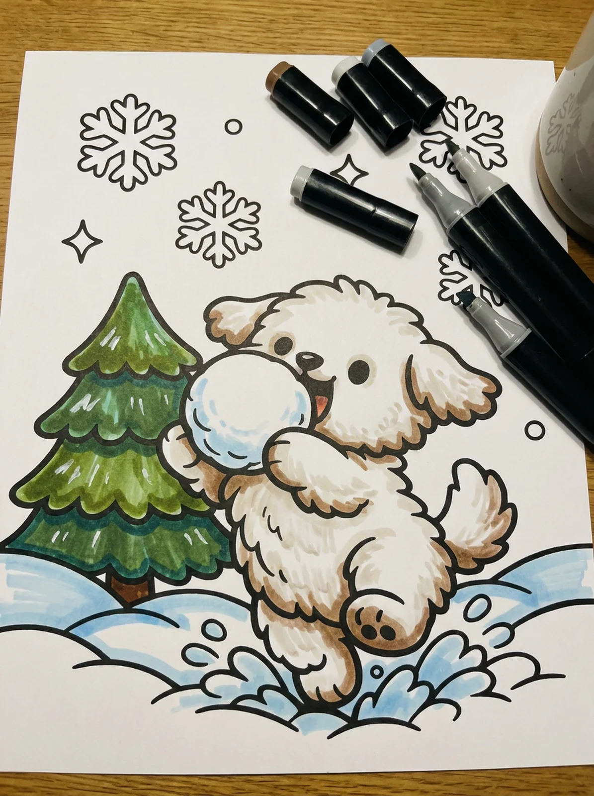 Puppy Playing in the Snow coloring page printed and half colored with markers