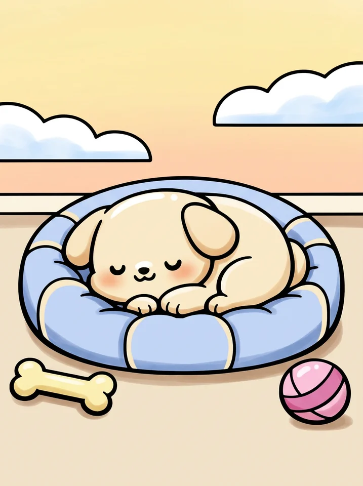 Puppy Sleeping in a Dog Bed coloring page, colored in