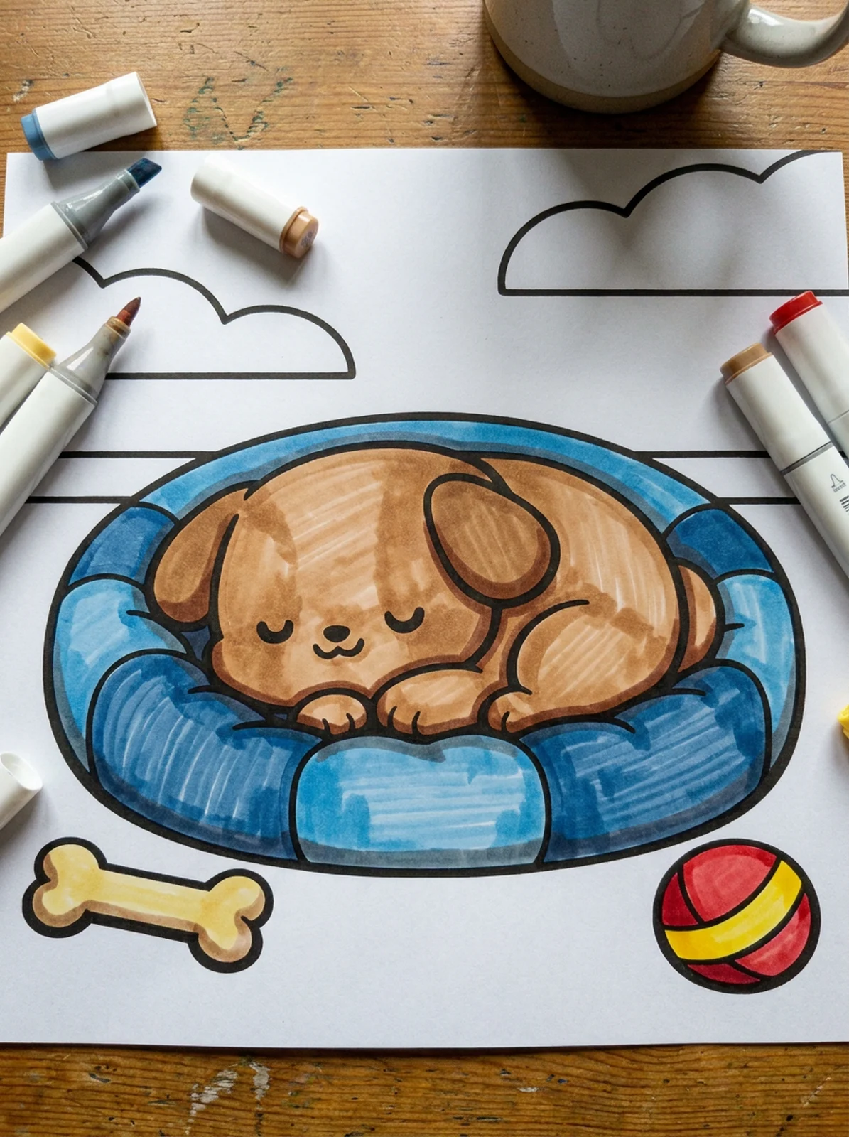 Puppy Sleeping in a Dog Bed coloring page printed and half colored with markers