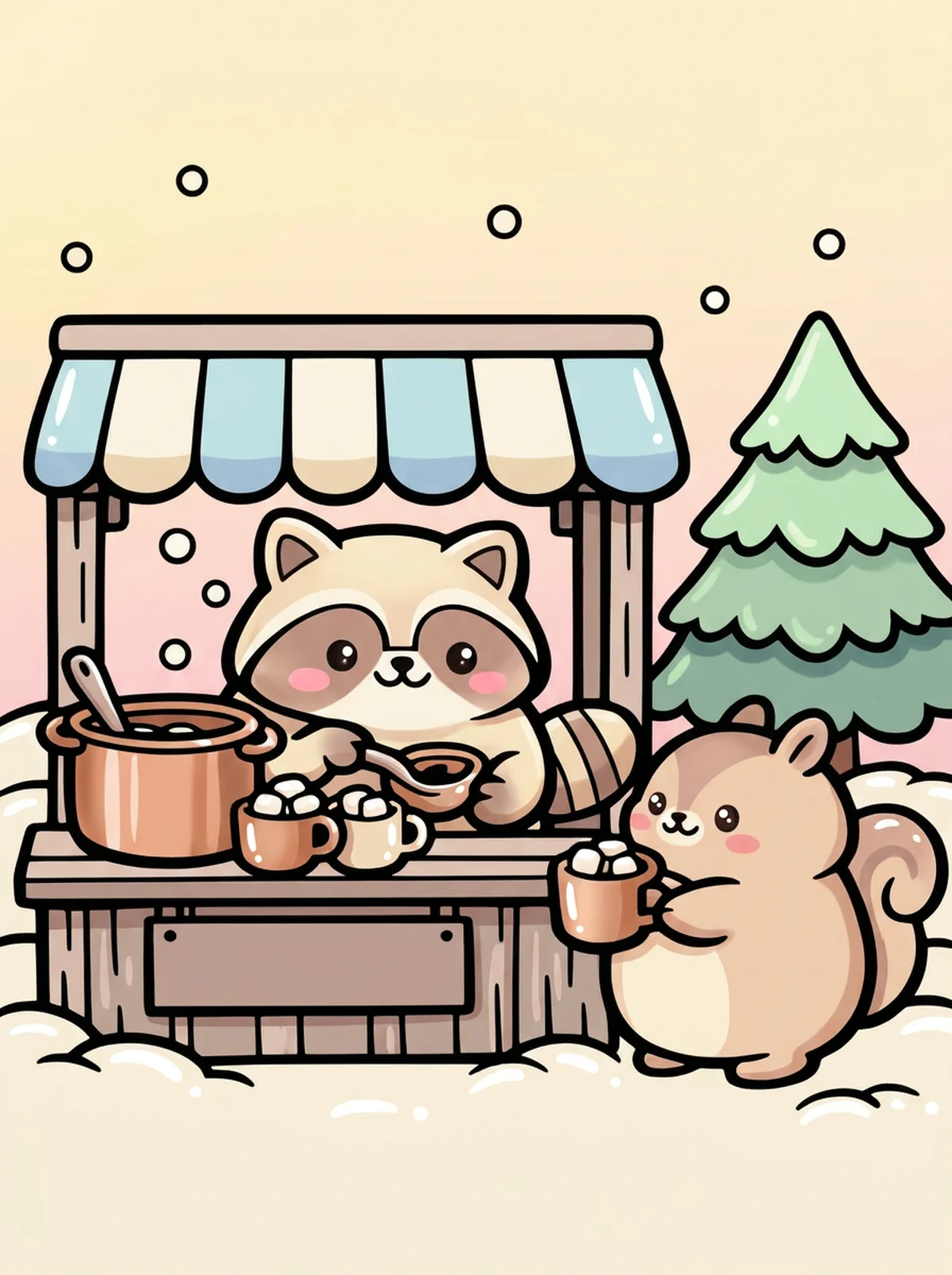 Raccoon's Hot Cocoa Stand in the Snow coloring page, colored in