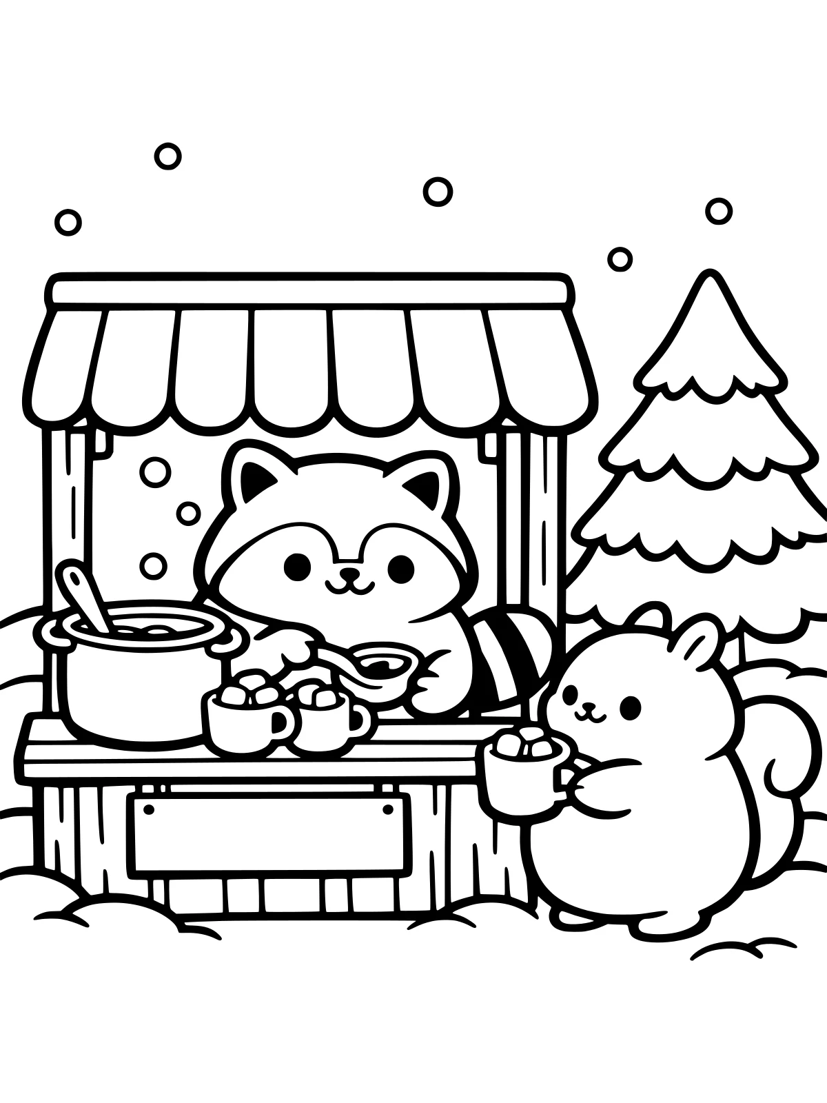 Raccoon's Hot Cocoa Stand in the Snow coloring page: a round raccoon serves hot cocoa to a squirrel at a little wooden stand in the snow, with a big pot and mugs with marshmallows, bold and easy line art