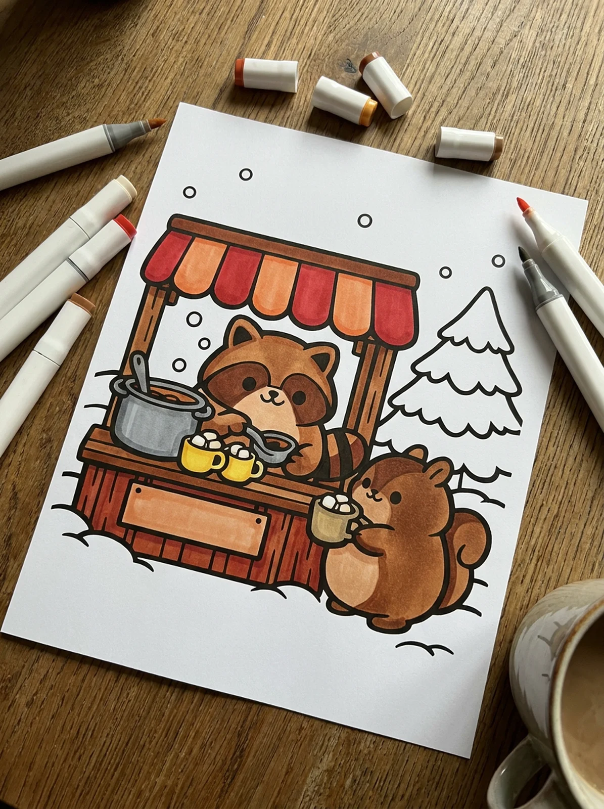 Raccoon's Hot Cocoa Stand in the Snow coloring page printed and half colored with markers