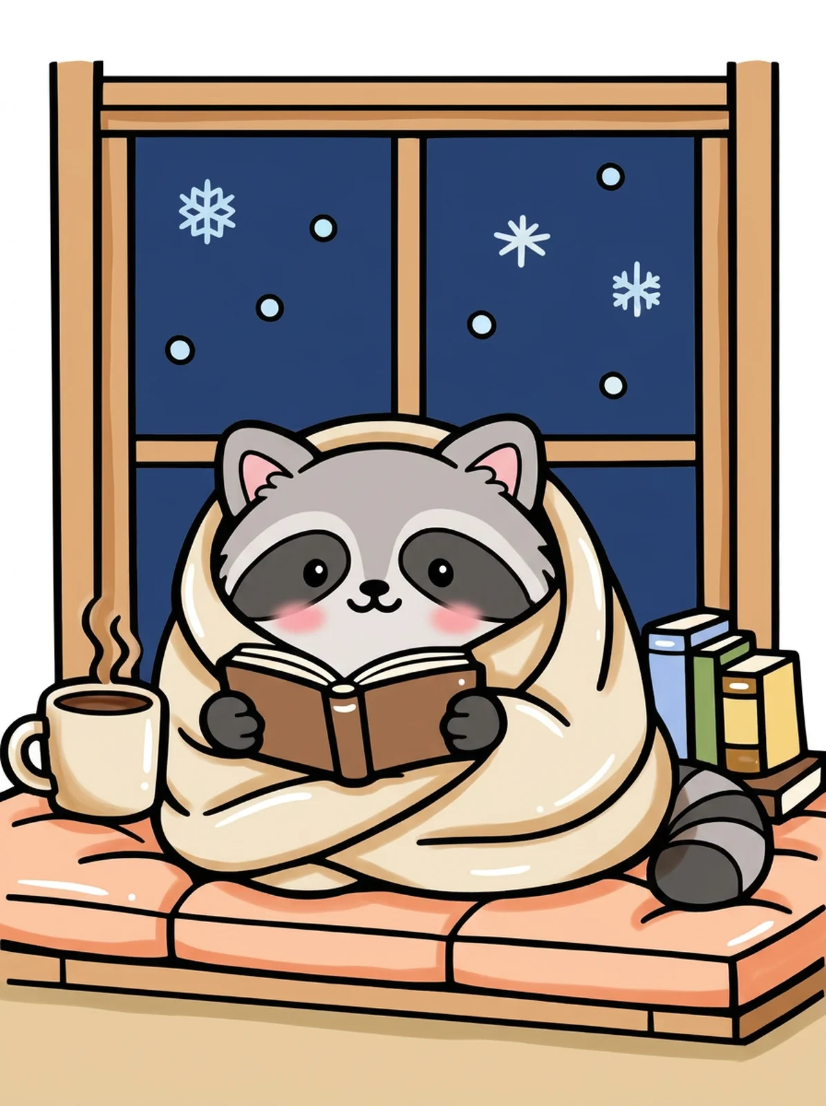 Raccoon Reading on a Snow Day coloring page, colored in