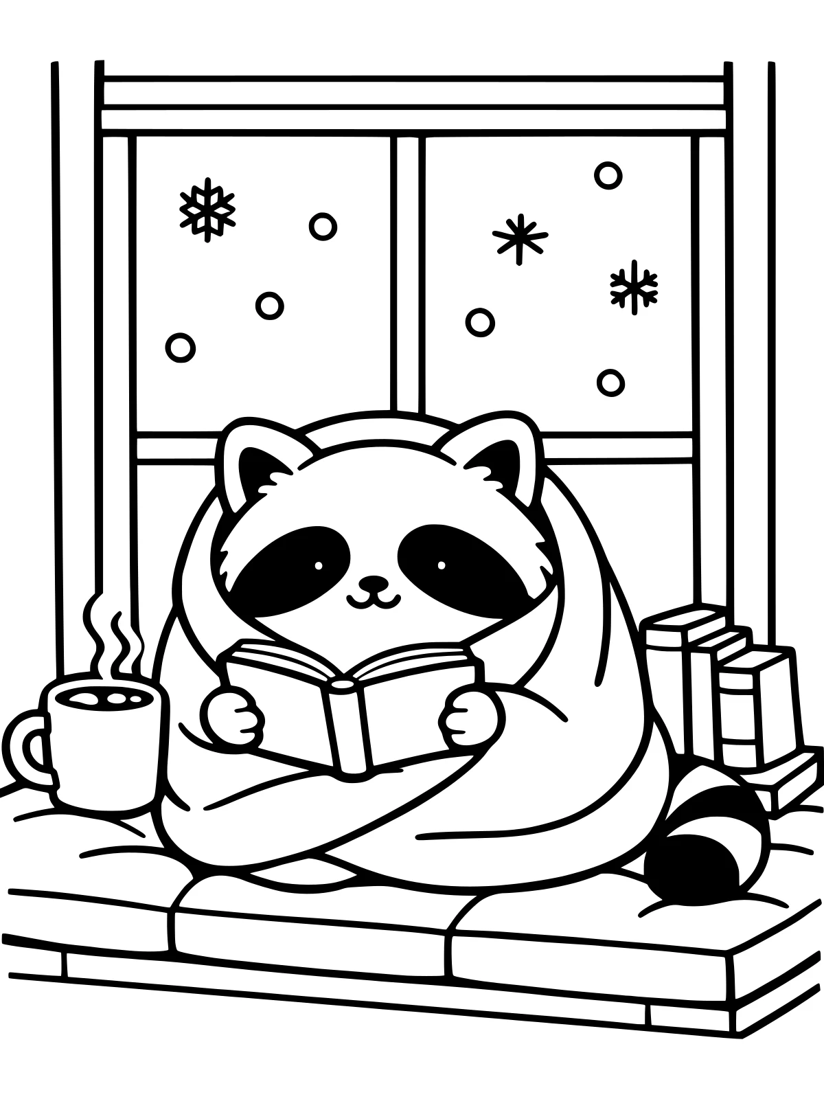 Raccoon Reading on a Snow Day coloring page: a round raccoon wrapped in a blanket reads on a window seat on a snow day, with a mug of cocoa and a short shelf of books, bold and easy line art