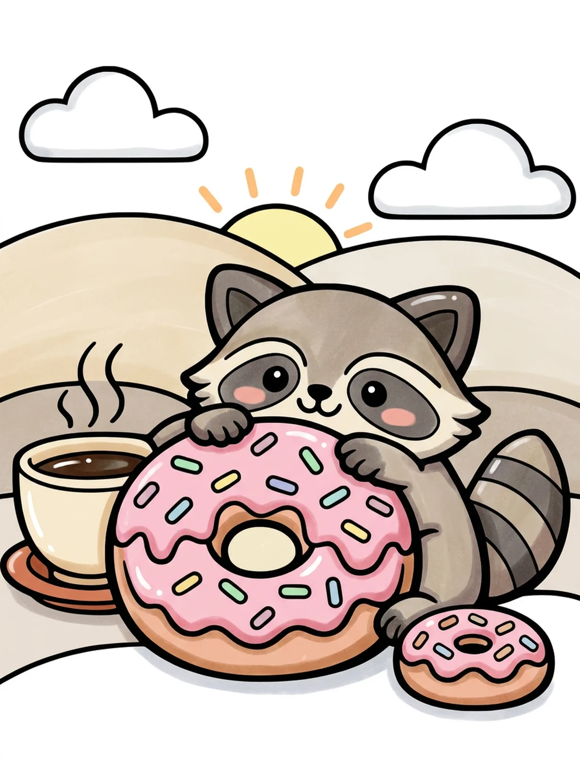 Raccoon with a Giant Donut coloring page, colored in