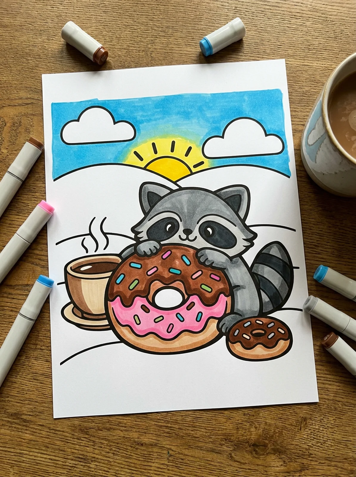 Raccoon with a Giant Donut coloring page printed and half colored with markers