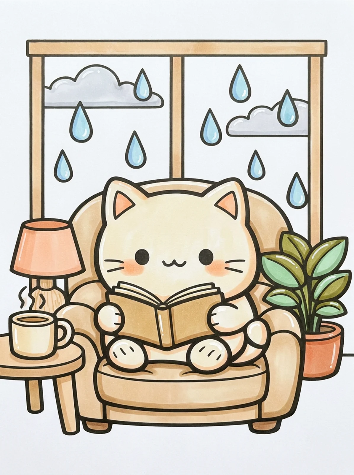 Rainy Day Reading by the Window coloring page, colored in