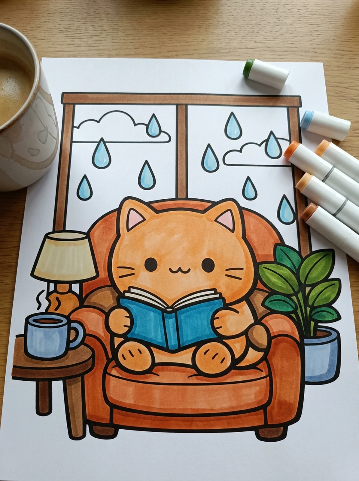 Rainy Day Reading by the Window coloring page printed and half colored with markers