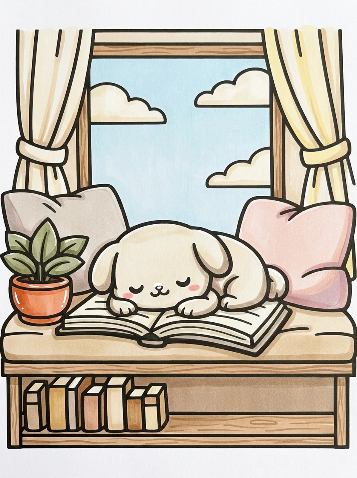 Reading Nook by the Window coloring page, colored in