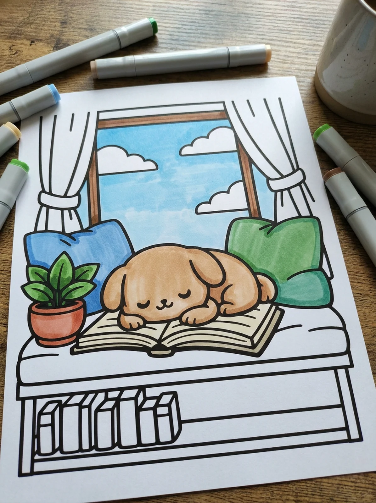 Reading Nook by the Window coloring page printed and half colored with markers