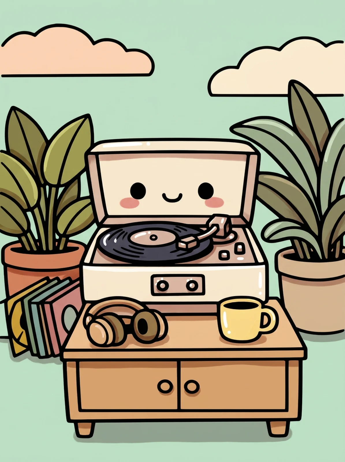 Record Player with Plants and Records coloring page, colored in