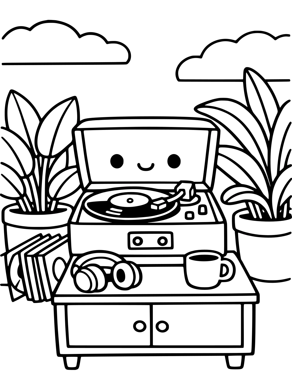 Record Player with Plants and Records coloring page: a vintage record player on a little cabinet, records leaning beside it, two big potted plants, headphones and a mug, bold and easy line art