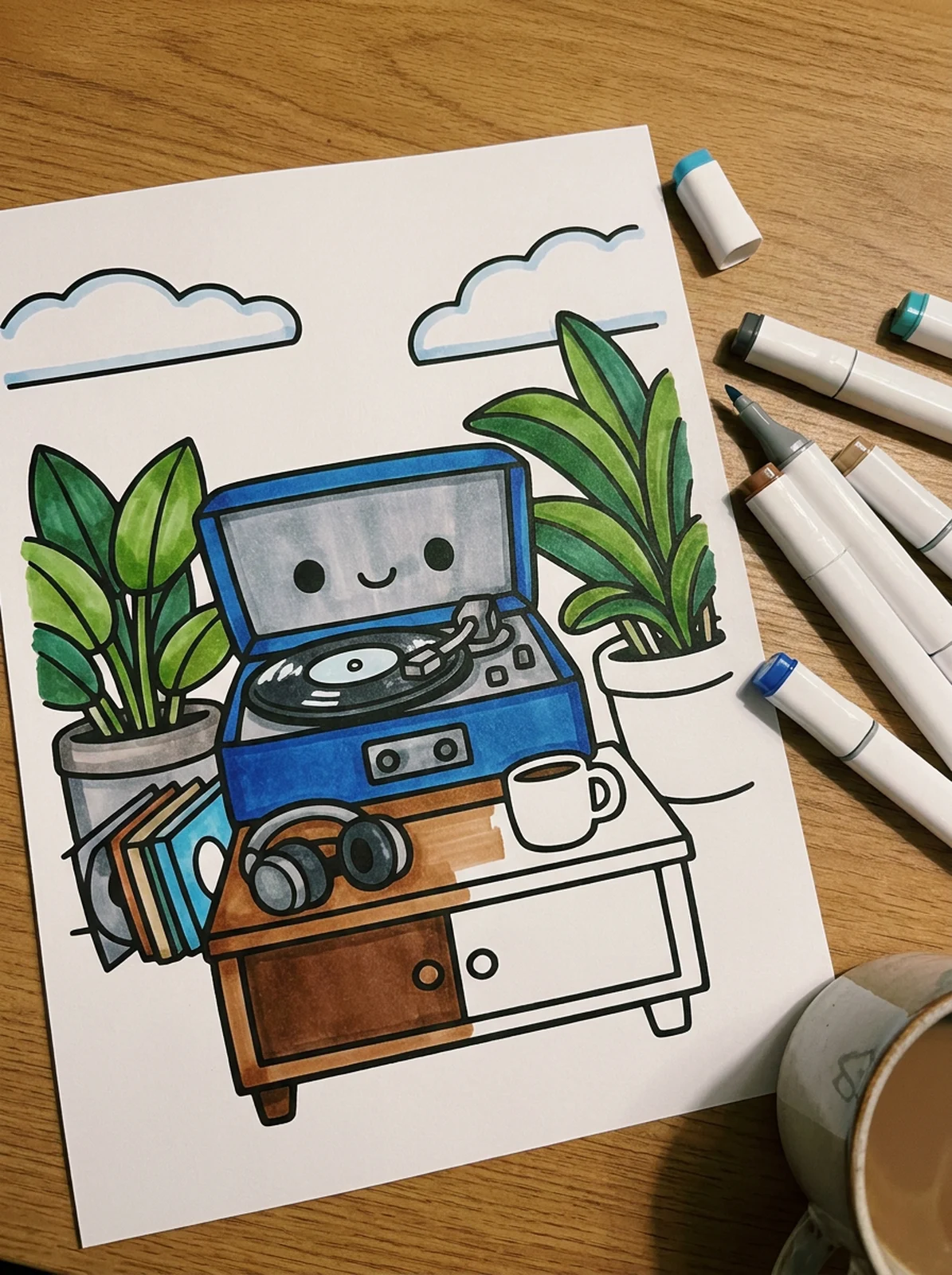 Record Player with Plants and Records coloring page printed and half colored with markers