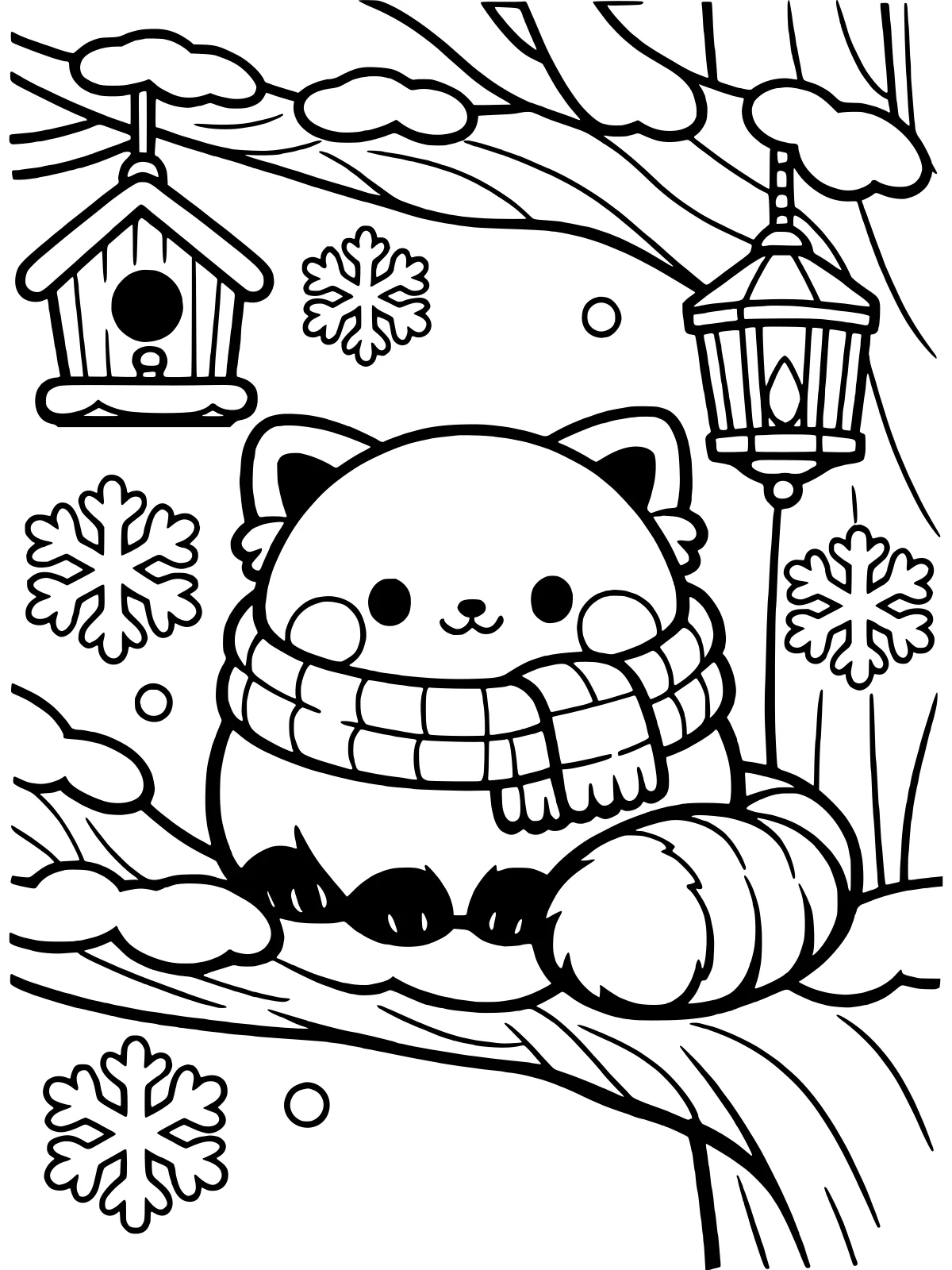 Red Panda in a Cozy Scarf coloring page: a round red panda in a cozy scarf perches on a snowy tree branch, tail curled around, beside a birdhouse and a hanging lantern, bold and easy line art