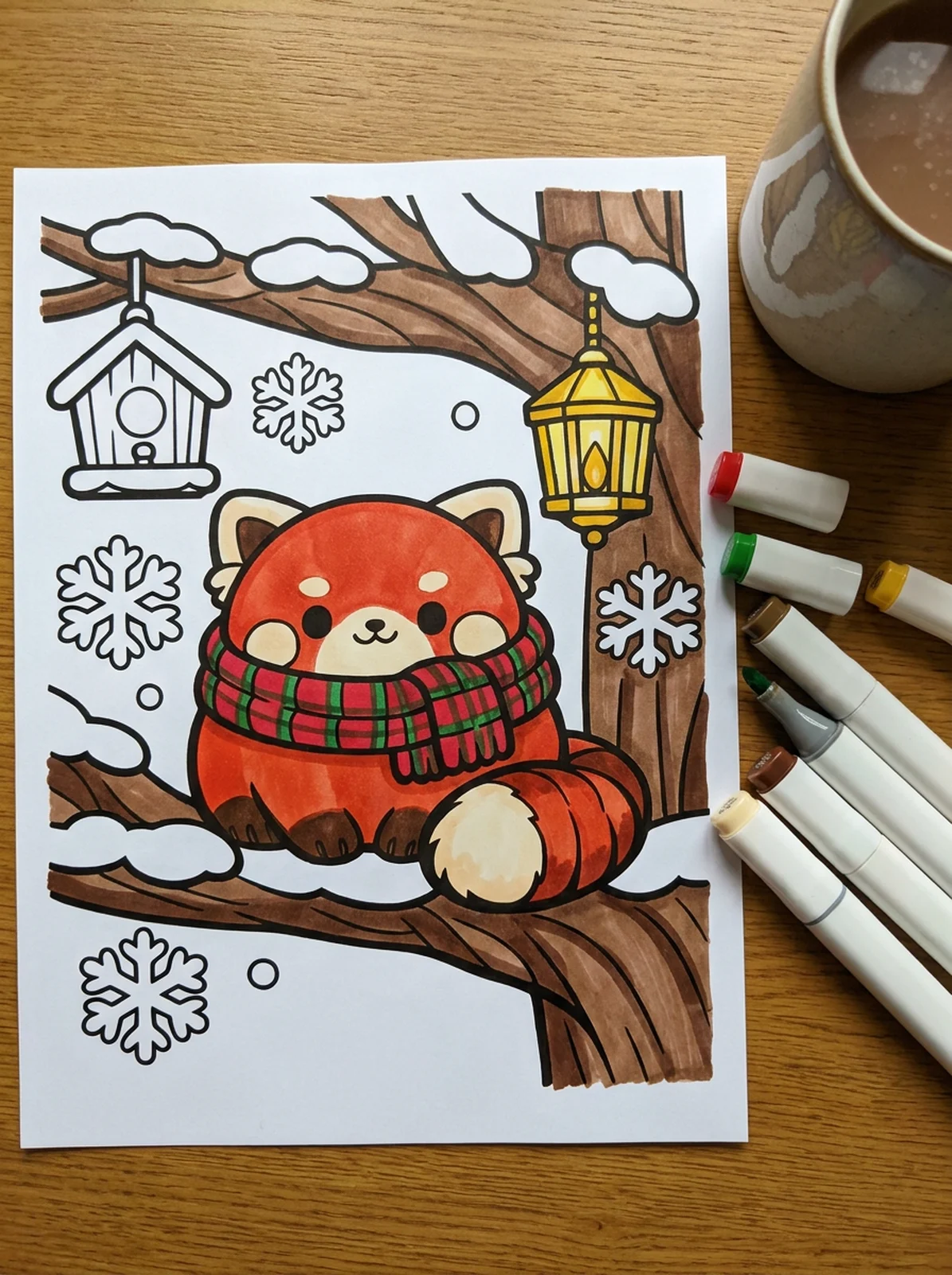 Red Panda in a Cozy Scarf coloring page printed and half colored with markers