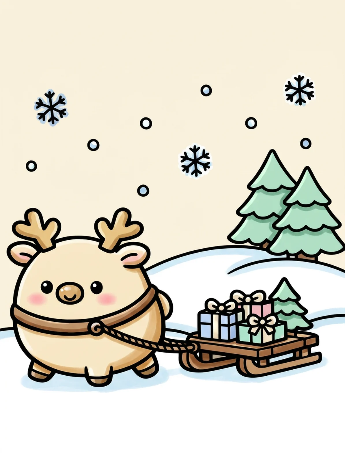 Reindeer Pulling a Little Sled of Gifts coloring page, colored in