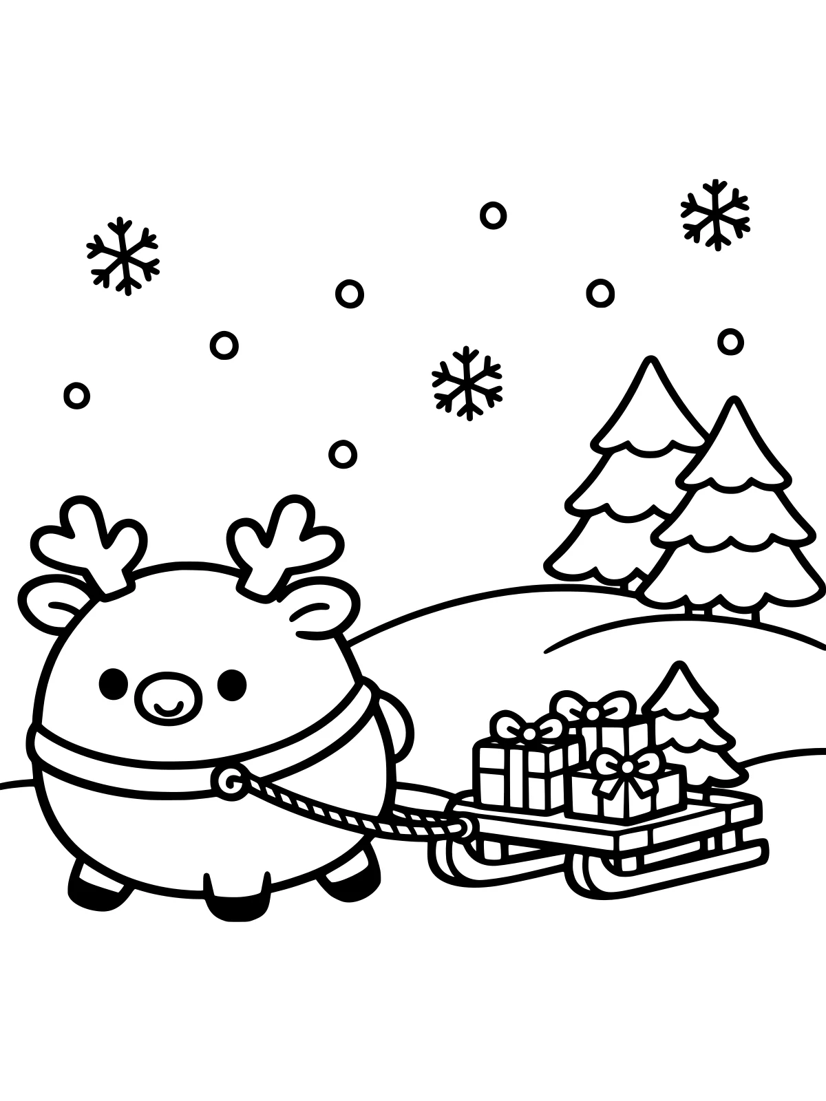 Reindeer Pulling a Little Sled of Gifts coloring page: a round reindeer pulls a little wooden sled loaded with three wrapped gifts and a small christmas tree past snowy pines, bold and easy line art
