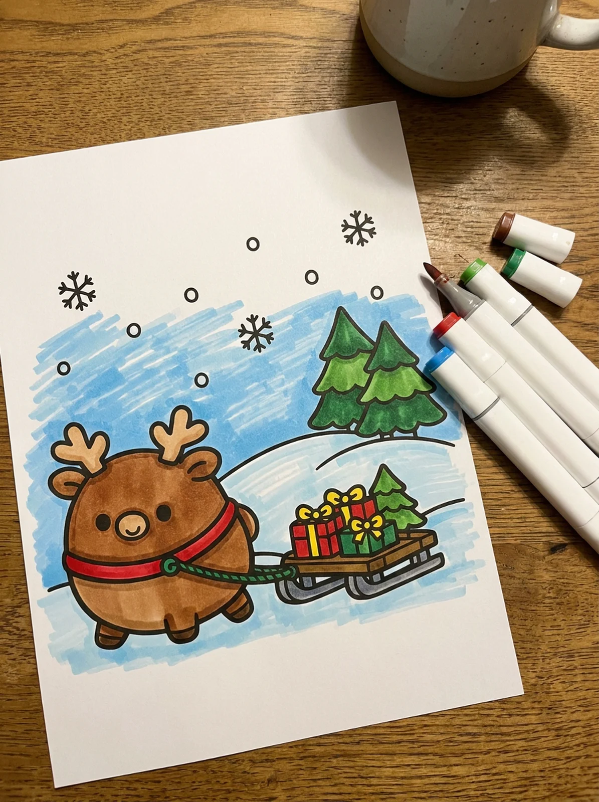 Reindeer Pulling a Little Sled of Gifts coloring page printed and half colored with markers