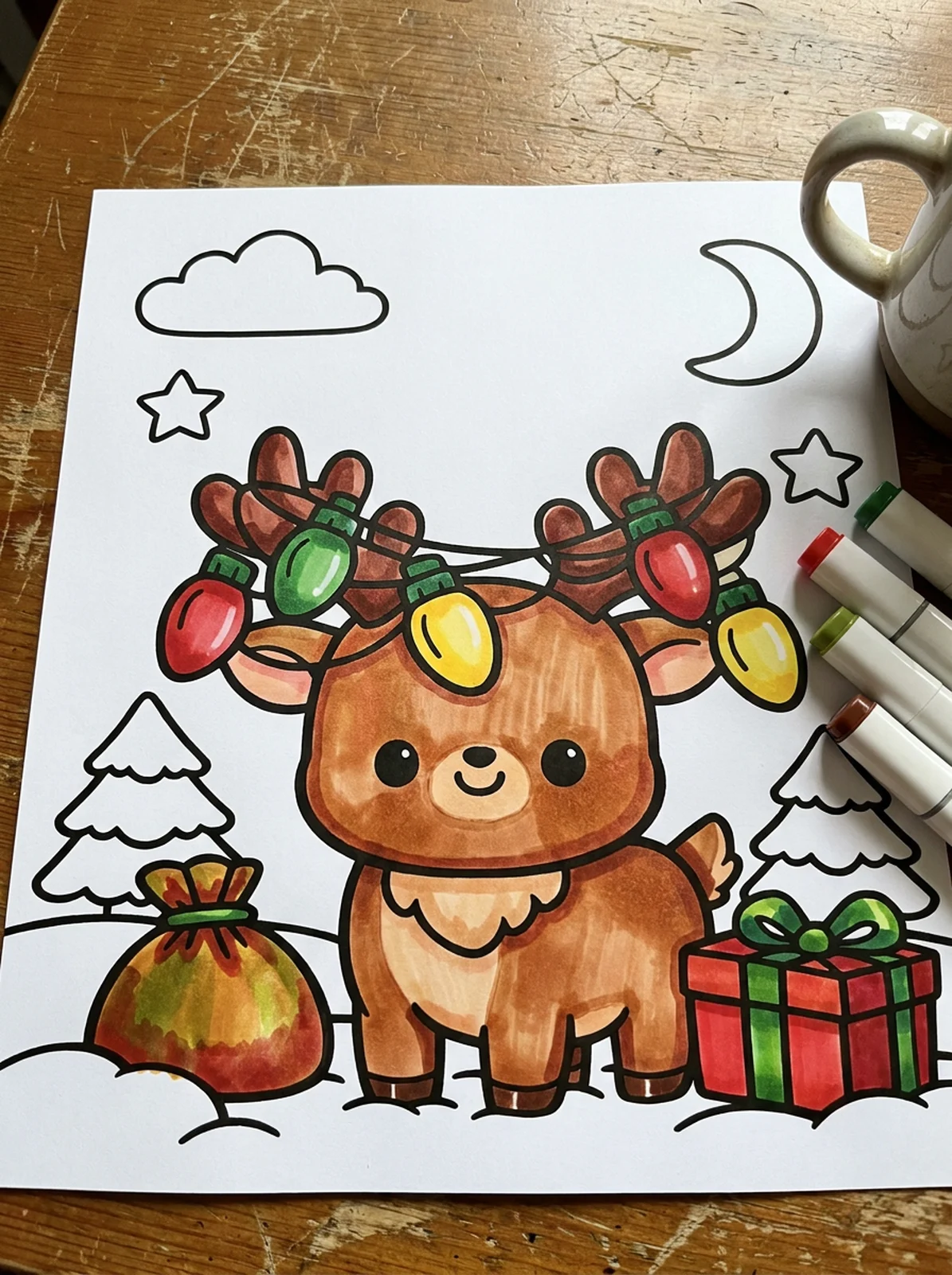 Reindeer Tangled in Christmas Lights coloring page printed and half colored with markers