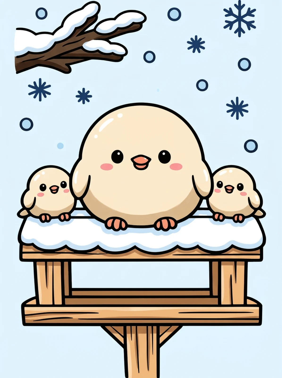 Round Birds at a Snowy Bird Feeder coloring page, colored in