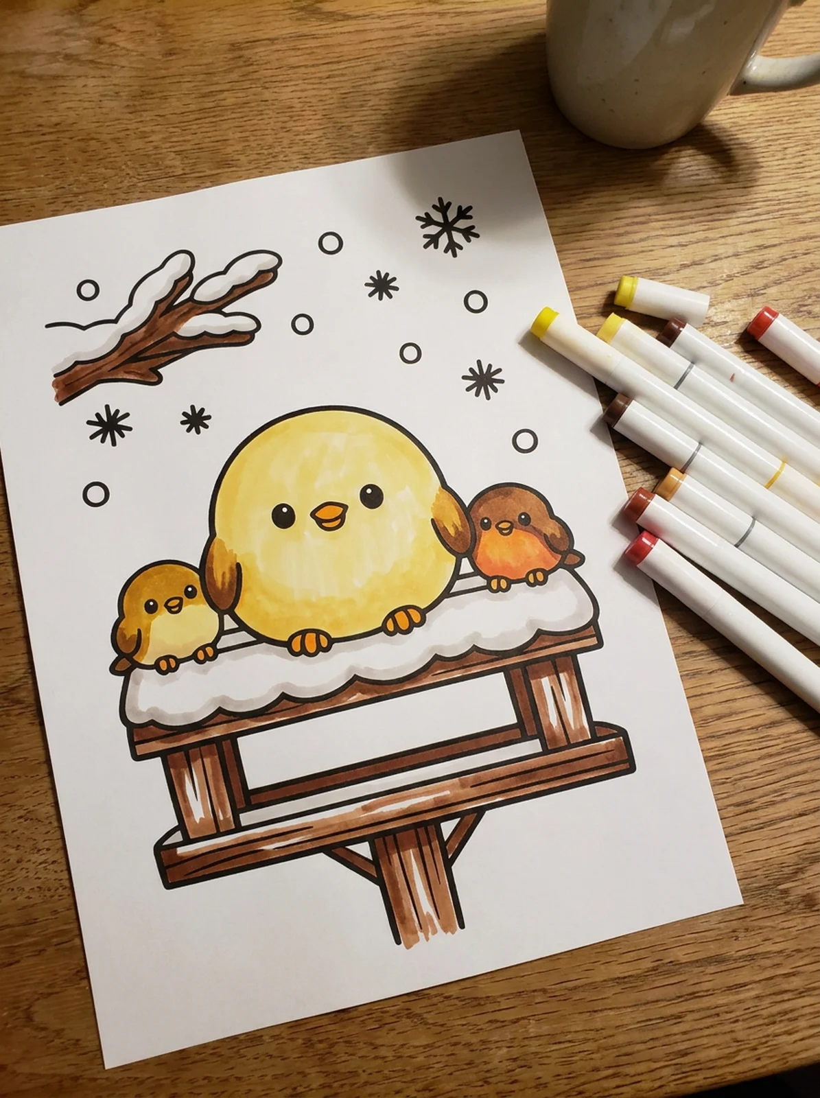 Round Birds at a Snowy Bird Feeder coloring page printed and half colored with markers