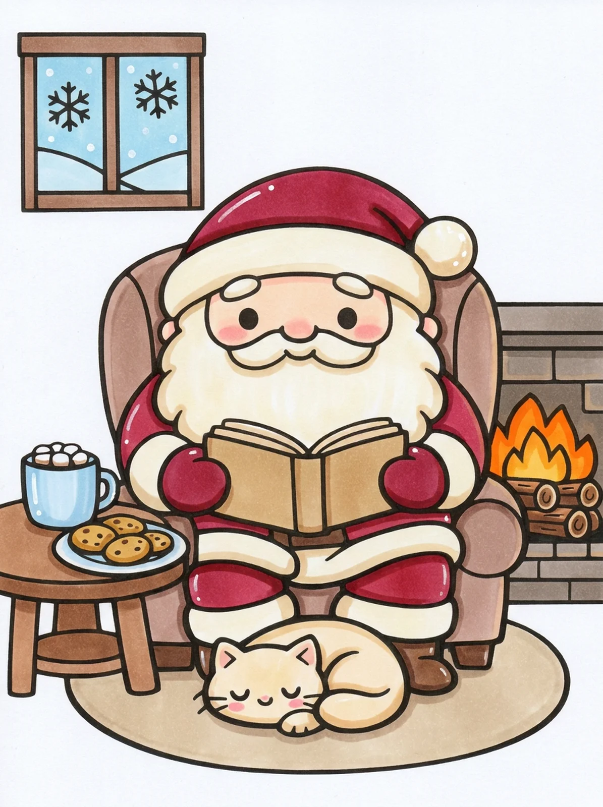 Santa Reading by the Fireplace coloring page, colored in